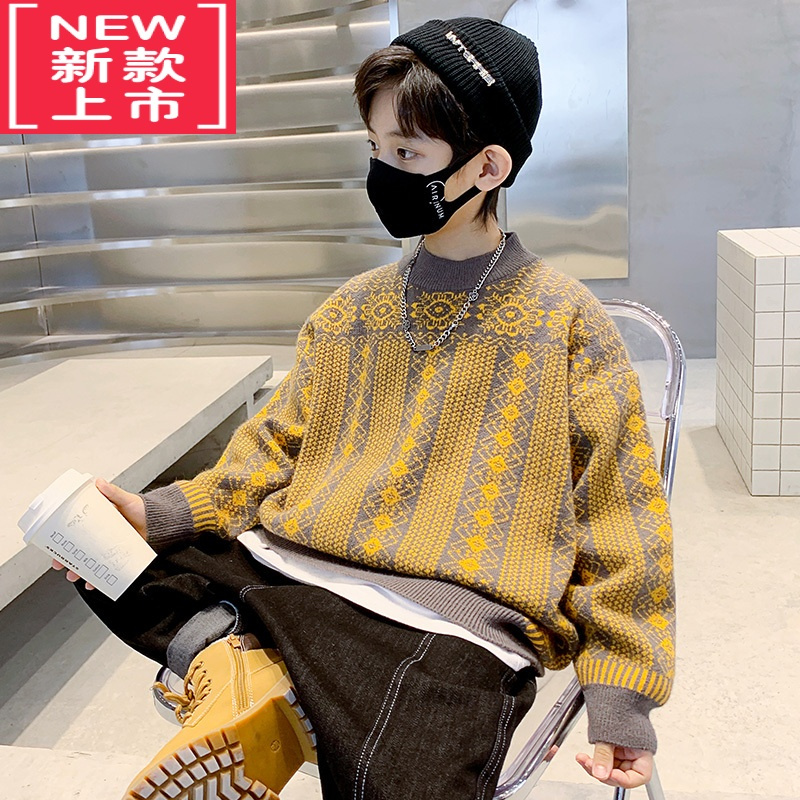 可莉允男童毛衣秋冬装圆领儿童套头衫2022新款休闲宽松中大童网红上衣潮