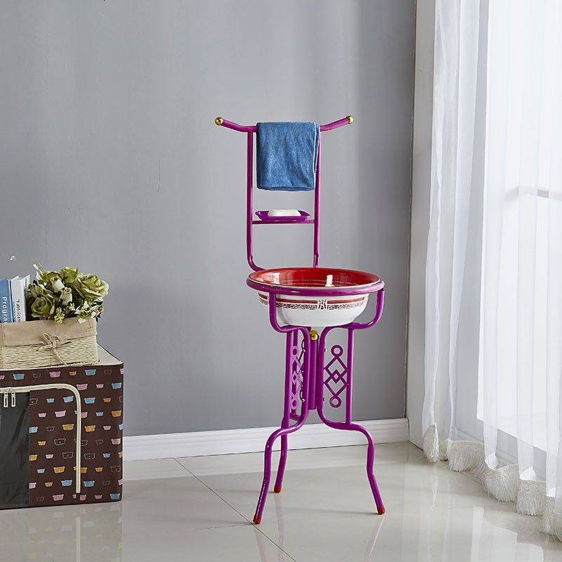 仿古脸盆架落地卫生间置物面盆架铁艺浴室卫生间铁艺洗脸盆架子 平头款加厚加高红棕色(无框镜)图片