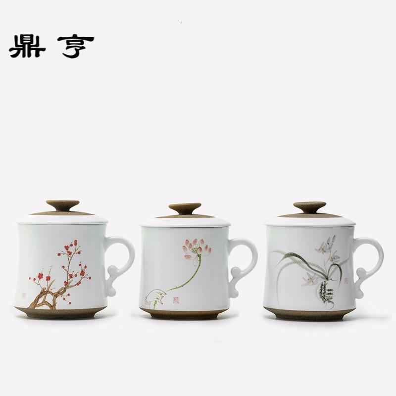 鼎亨手绘复古茶杯带盖带过滤陶瓷水杯家用泡茶自在杯中国风马克杯