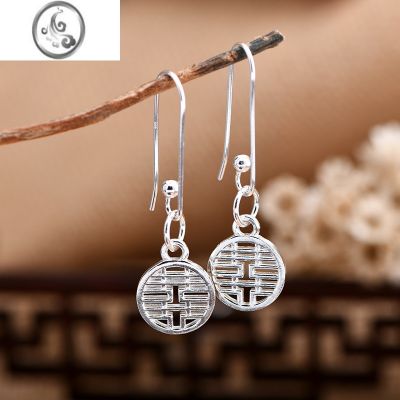 JiMi原创小众设计999银银耳环足银吊坠个性小香风耳饰吉祥如意防过敏 双喜回龙针新中国风原创