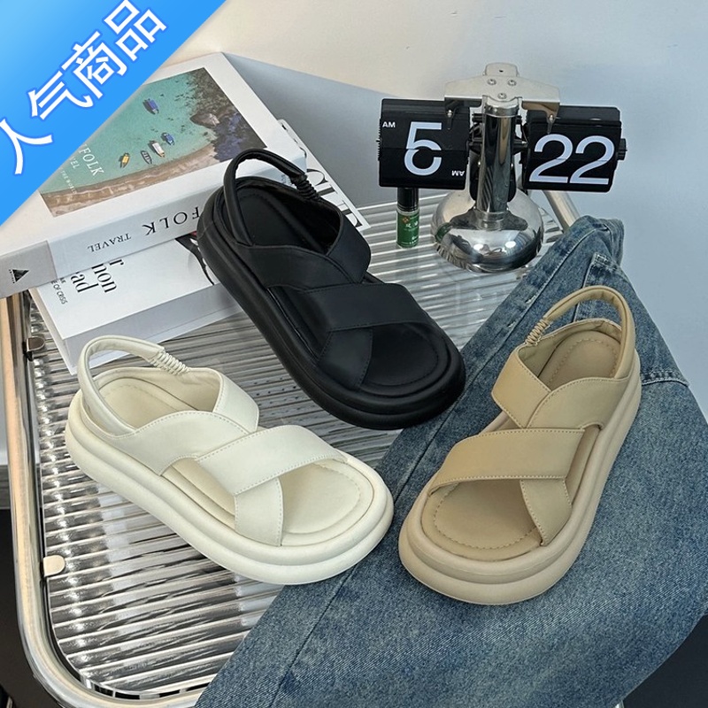 SUNTEK厚底软底松糕罗马凉鞋女2022夏季新款交叉带休闲运动露趾凉拖鞋软高清大图