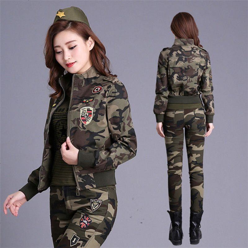 迷彩服套装女三件套装纯棉弹力水兵舞表演服户外军绿军装工装表演 1件