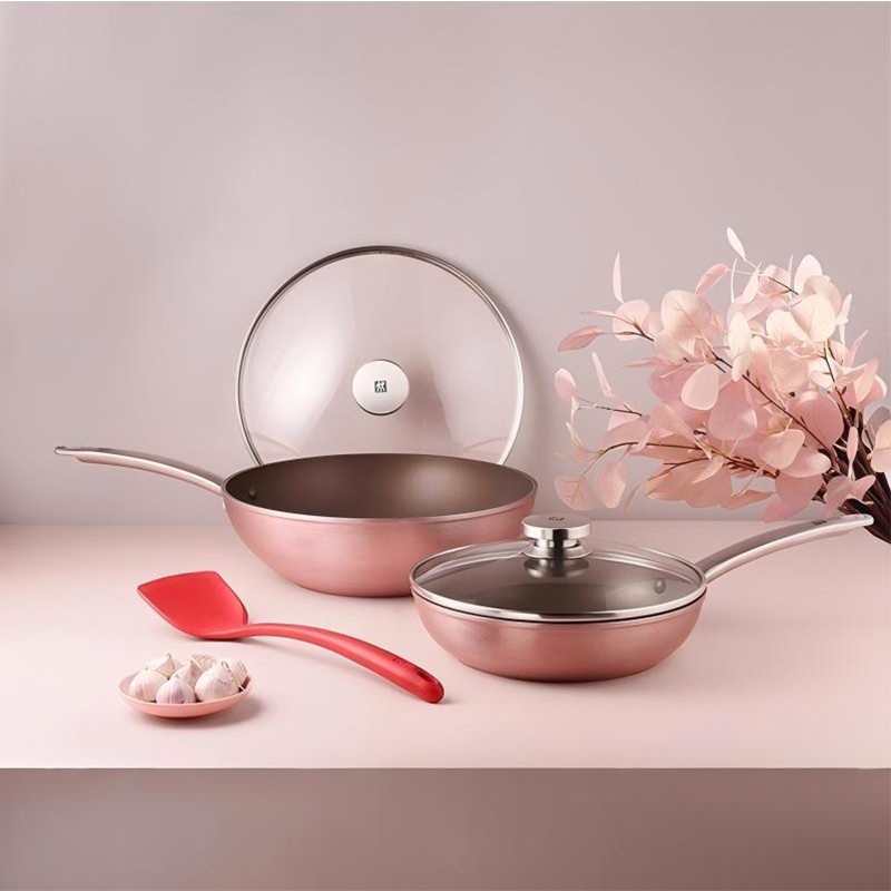 双立人ZW-EY106/1024282中式煎炒锅三件套(粉色) 30cm中式炒锅+24cm煎锅+大号硅胶铲
