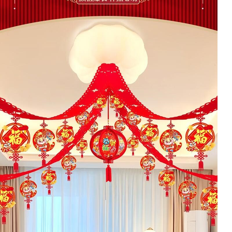 拉花装饰福字小灯笼挂件新春节过年室内商场场景布置节庆用品3米拉花[新年快+龙年大吉]一条高清大图