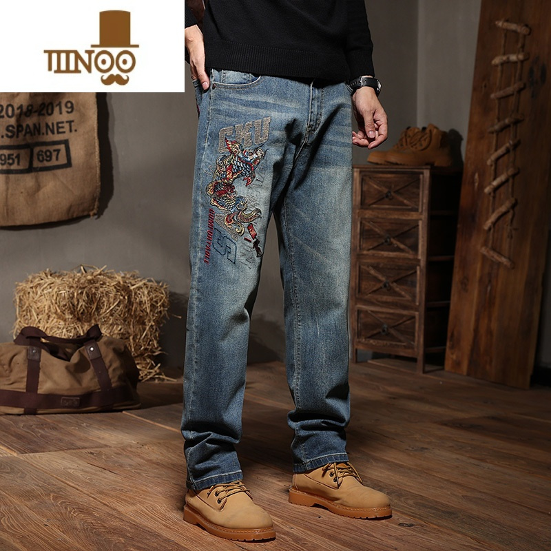 yanxu欧洲站高端刺绣牛仔裤男2023秋季新款直筒弹力潮牌绣花大码长