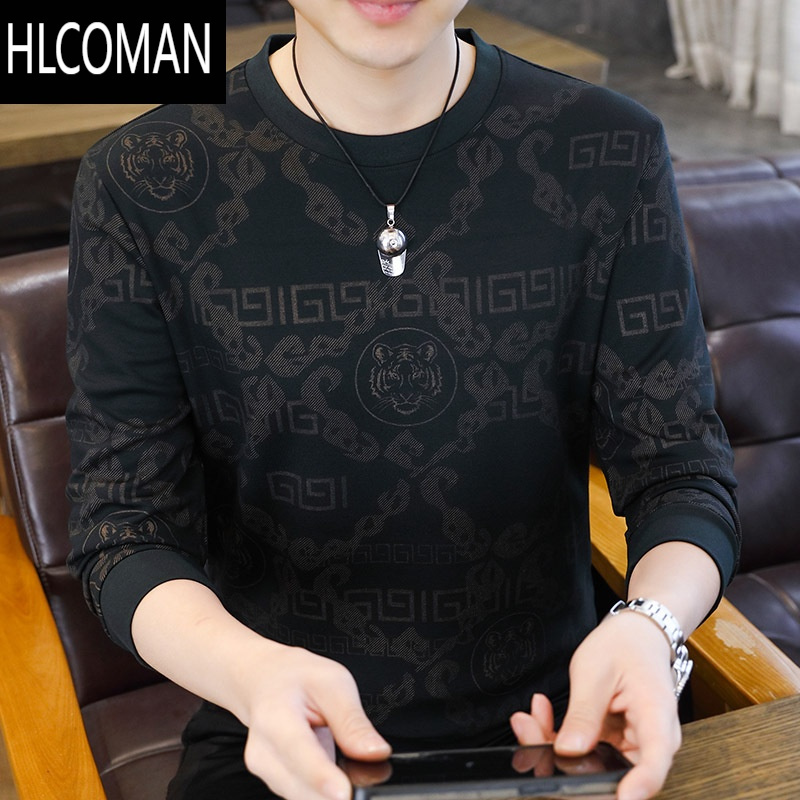 HLCOMAN欧版长袖薄款卫衣男士春冬季新款休闲高端打底衫百搭圆领加绒T恤