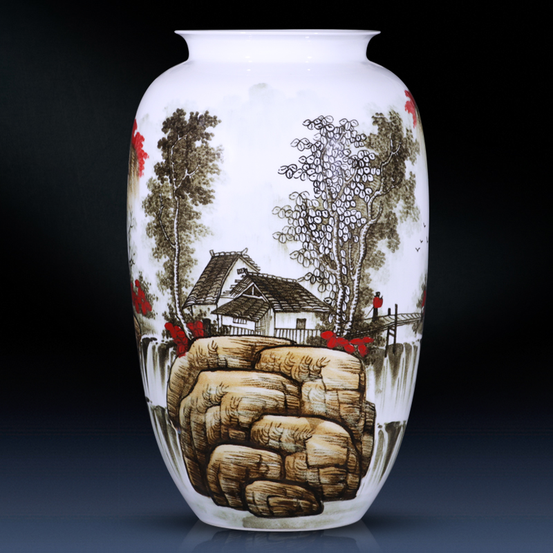三维工匠德镇陶瓷器落地大花瓶摆件大号插花中式家居客厅装饰品手绘瓷瓶 三维 少秋作品-青花瓷《松山阁楼》腰鼓瓶+送旋转底座高清大图