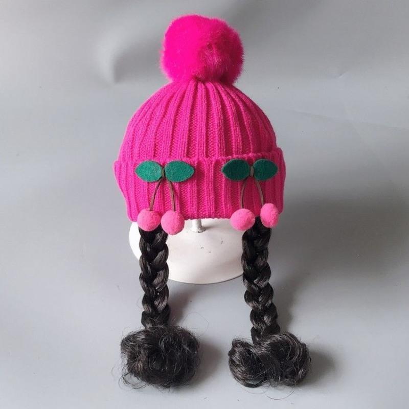 秋冬婴儿童女童毛线帽子长辫子女宝宝假发帽女孩护耳帽红色参考年龄5