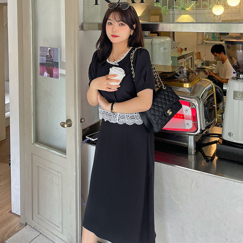 美动态2022夏季新款大码女装胖mm法式赫本风蕾丝拼接小黑裙连衣裙