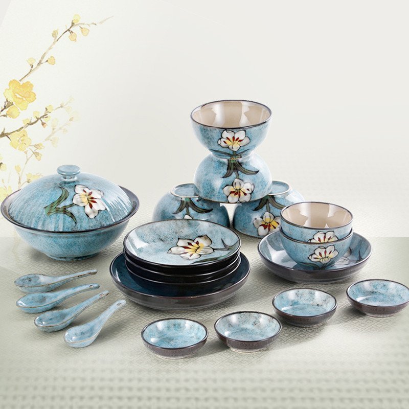 [玉泉]yuquan韩式 餐具套装碗碟 中式陶瓷碗盘筷子 釉下彩家用20头粉