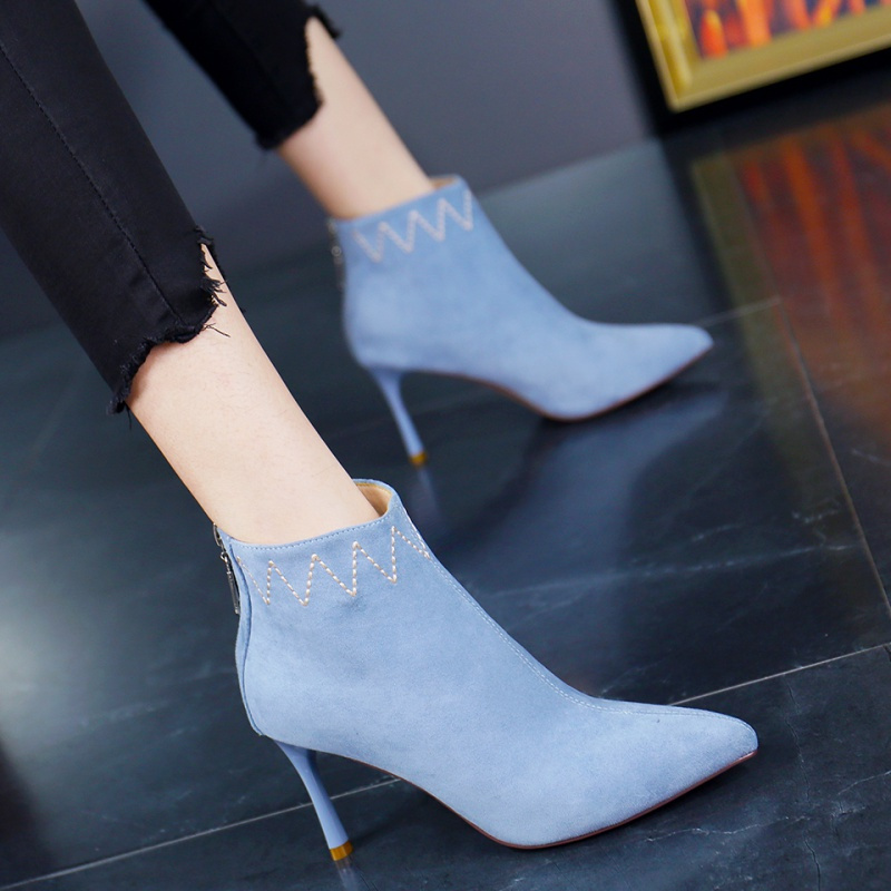 热卖气质水钻优雅蓝色细跟高跟鞋女秋新款时尚百搭绒面后拉链短靴裸靴