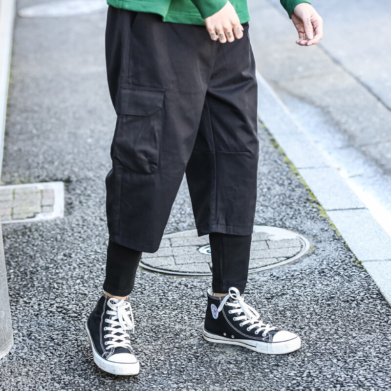 东京衣柜新款纯色工装街头假两件小脚休闲裤男青年潮流黑色长裤男黑色