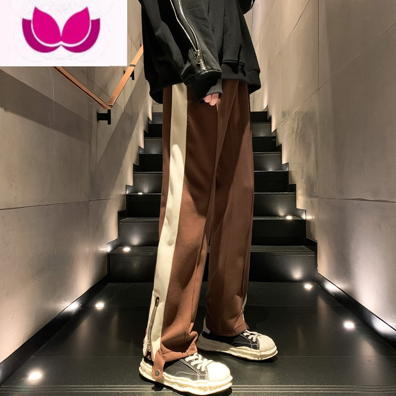 七斓深棕咖色条纹裤子男高街vibe美式卫裤直筒修身侧边拉链开叉微喇裤