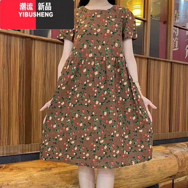 YIBUSHENG季新款短袖连衣裙碎花宽松遮肉韩版娃娃裙子女装时尚大码妈妈装图片