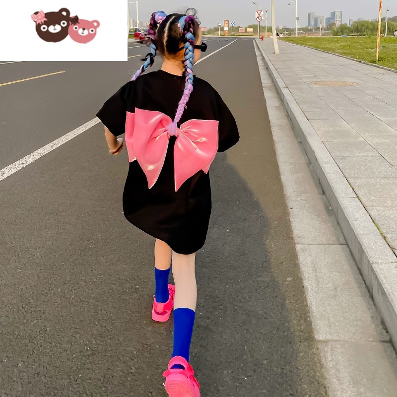 绿彩虹光女童中长款t恤2022夏季新款时尚韩版中大童宽松蝴蝶结黑色t恤短袖T恤