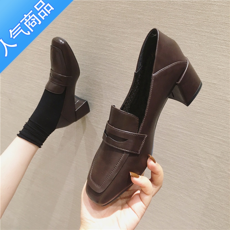 SUNTEK女乐福鞋2023年新款春秋季高跟方头一脚蹬中跟英伦粗跟单鞋小皮鞋高清大图