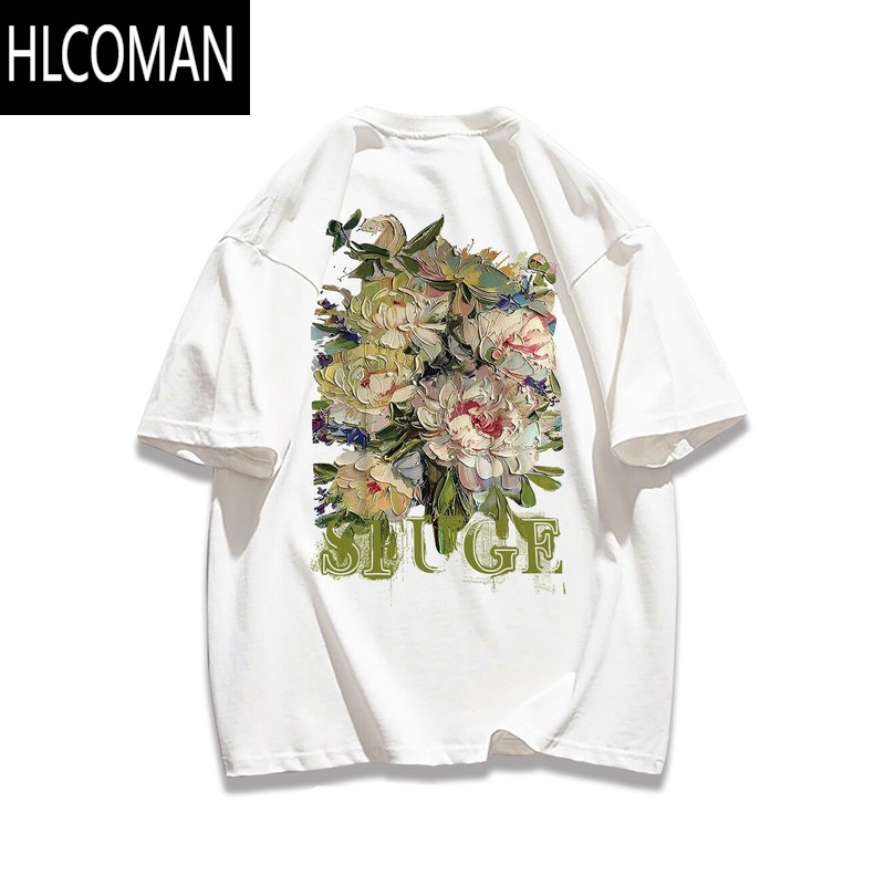 hlcoman美式复古街头vintage花朵印花短袖t恤男女夏oversize潮牌上衣