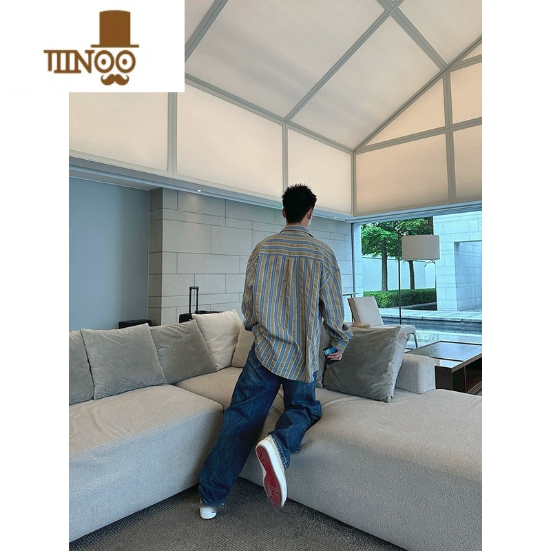 YANXU慵懒条纹轻薄防晒长袖衬衫男美式复古文艺男女潮流中性风入秋衬衣高清大图