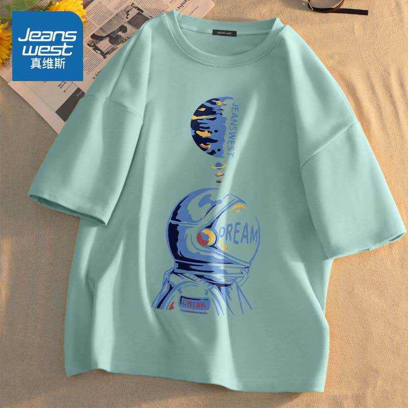 真维斯2022新款夏季情侣装纯棉短袖t恤男宽松衣服ins潮流白色半袖图片