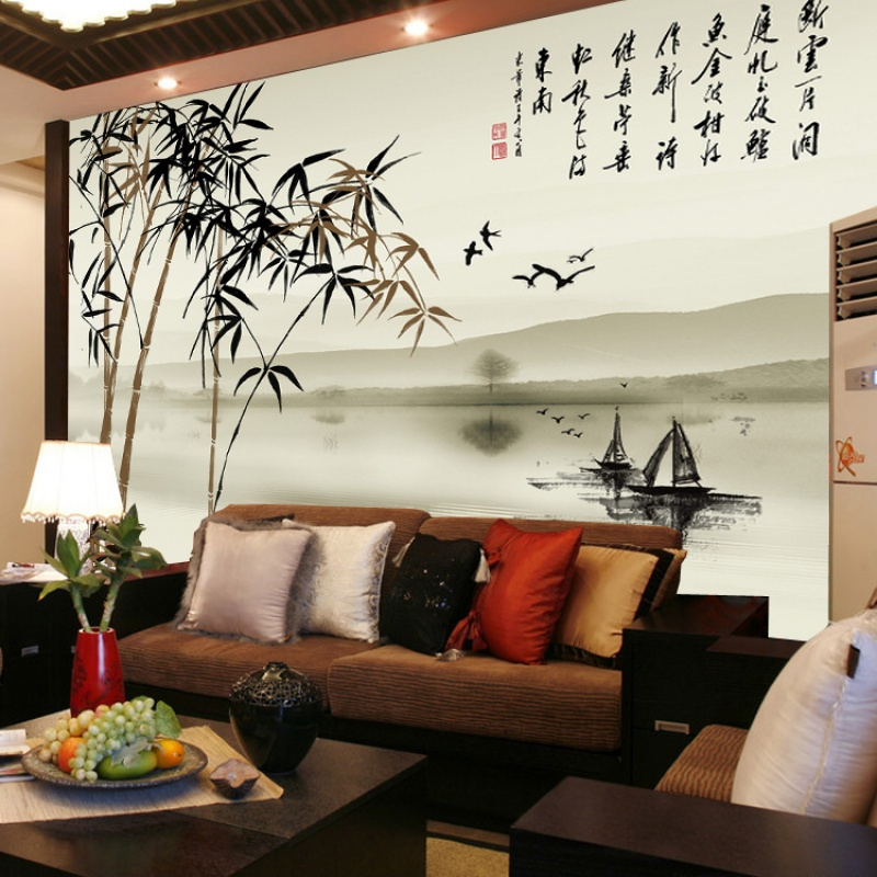 无缝3d中式水墨山水定制壁画中国风竹子诗词电视背景墙壁布墙纸壹德壹