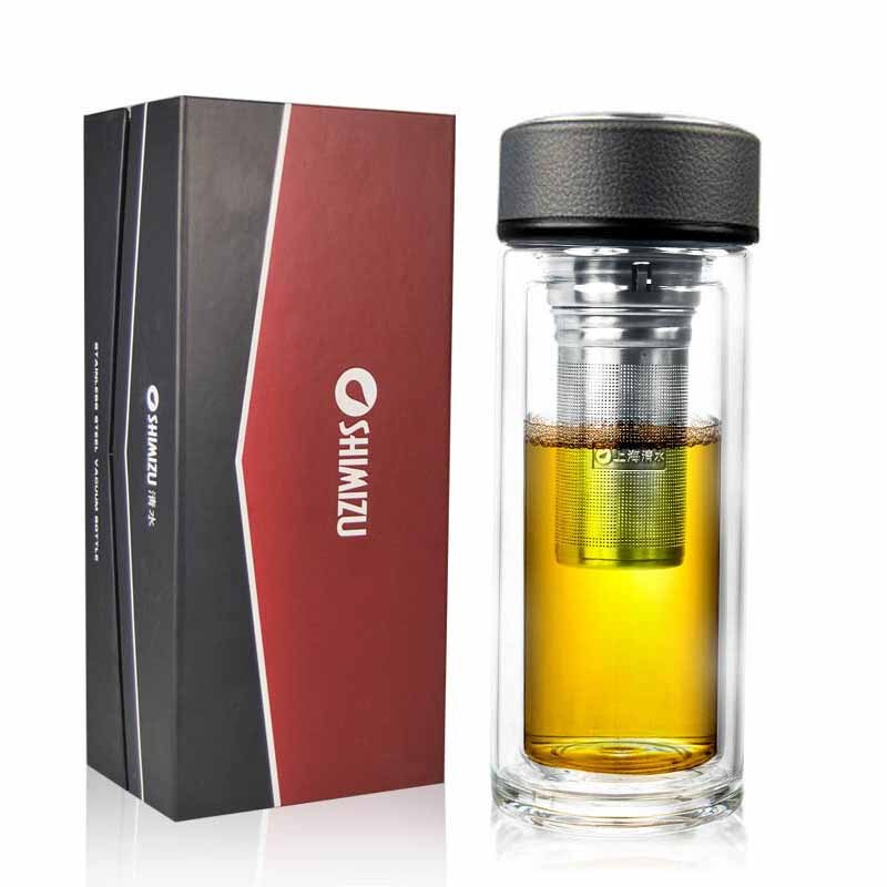 [精选]清水(SHIMIZU)双层玻璃杯带盖过滤茶杯透明玻璃水杯子礼盒8012 藏青色 250ml
