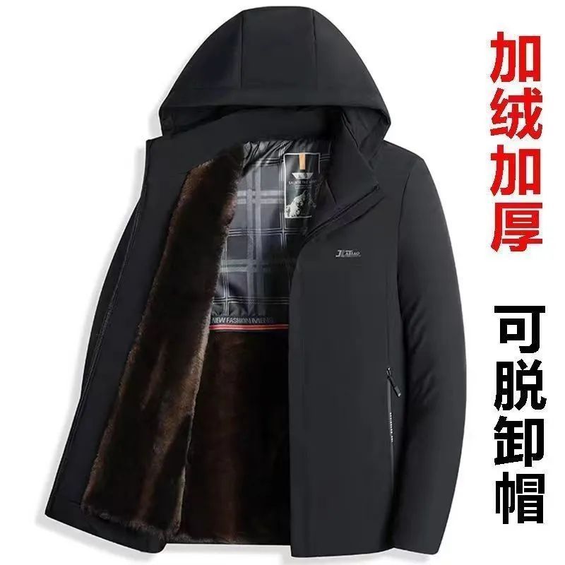 派克服冬季新款商务休闲上衣中老年保暖中长款外套帽子可脱卸高清大图