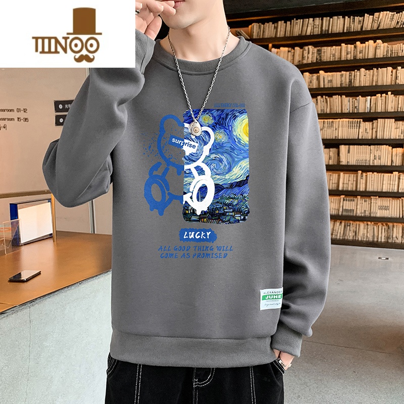 YANXU长袖T恤男休闲高街小熊印花宽松时尚潮搭男装设计感上衣服高清大图