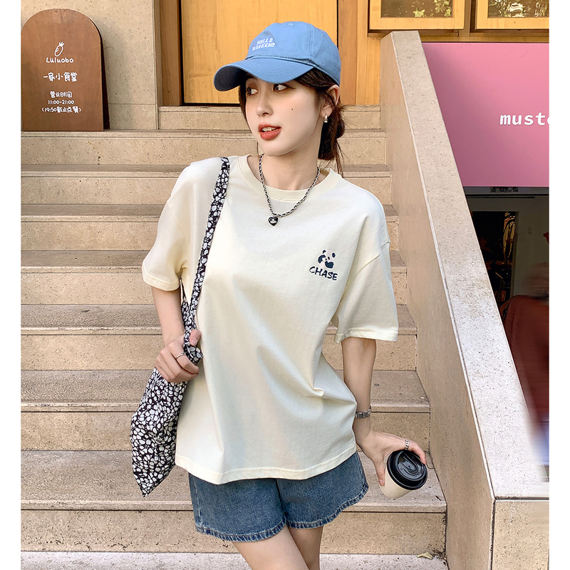 [1.5折价38元]唐狮熊猫印花圆领短袖T恤女新款夏季宽松纯棉上衣女甜美