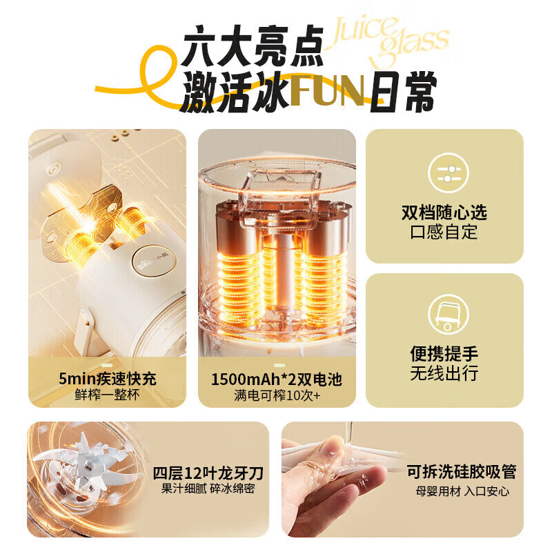 小熊榨汁机 家用便携原汁机 小型迷你多功能橙汁机全自动果汁机 无线便携充电款高清大图