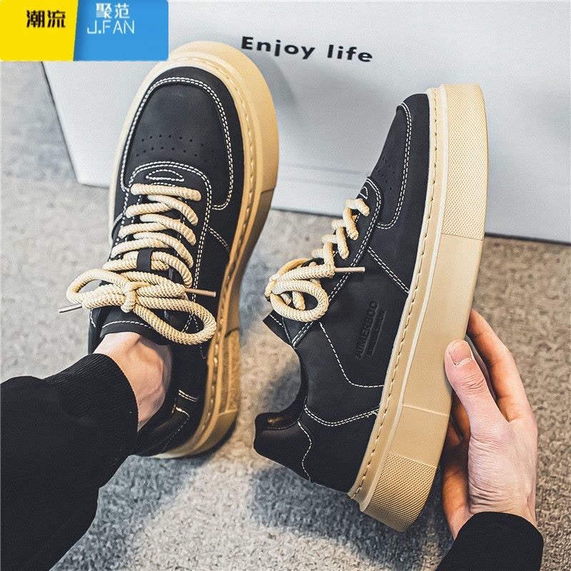 聚范男鞋复古板鞋男士运动百搭休闲鞋夏季学生黑色厚底防滑潮鞋图片
