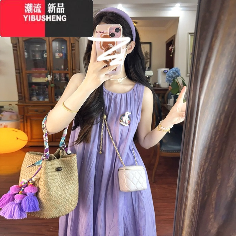 YIBUSHENG海边度假风无袖背心裙季2024新款法式气质宽松显瘦连衣裙长裙女