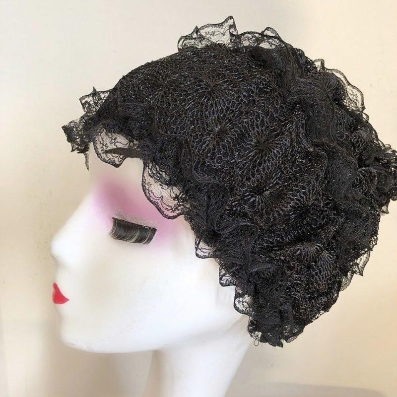穆斯林帽子超大弹力蕾丝花边褶皱回族四季可戴方便头套帽黑色超大弹力