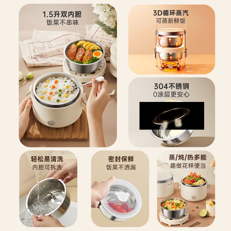 熊(Bear)电热饭盒 加热饭盒 可插电便携式蒸煮上班族1.5L双层不锈钢内胆密封保鲜多功能DFH-C15D2高清大图