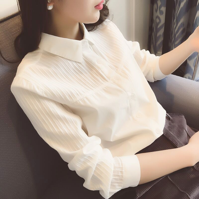 韩版棉白衬衫女职业长袖2018春装新款正装工作服工装百搭打底衬衣白色[尖领]长袖