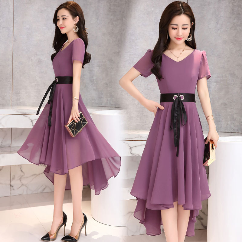 女士夏款新品韩版女装碎花雪纺中长款连衣裙前短后长裙子潮夏天