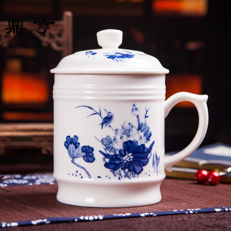 鼎亨带盖茶杯陶瓷办公杯景德镇大号水杯子大码马克杯青花瓷器1000