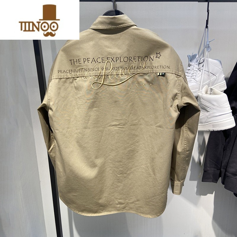 YANXU卡其色衬衫男ins长袖秋季刺绣日系休闲痞帅工装外套潮