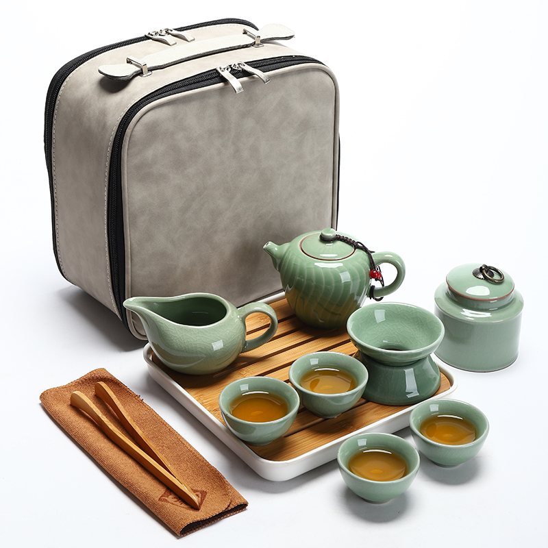哥窑旅行功夫茶具小套装一壶四杯便携包户外家用简约办公日式茶壶|哥窑(雅致壶)旅行茶具组-布包