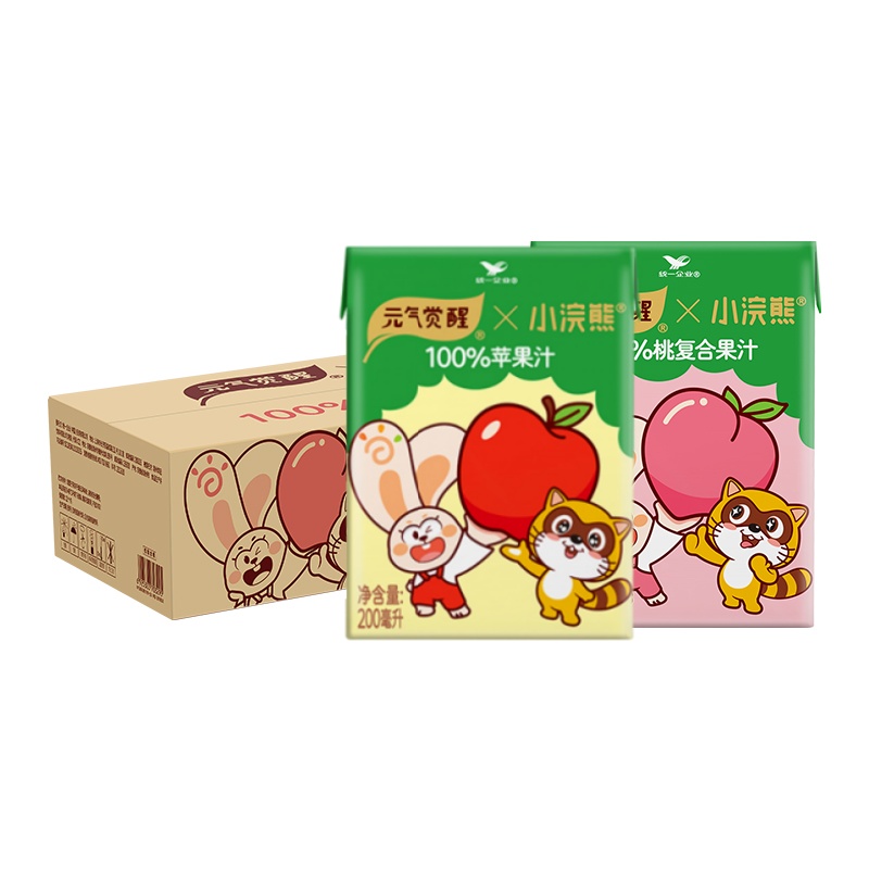 小浣熊联名】统一元气觉醒100%桃味苹果味便携装200ml*24盒整箱混合果汁饮料