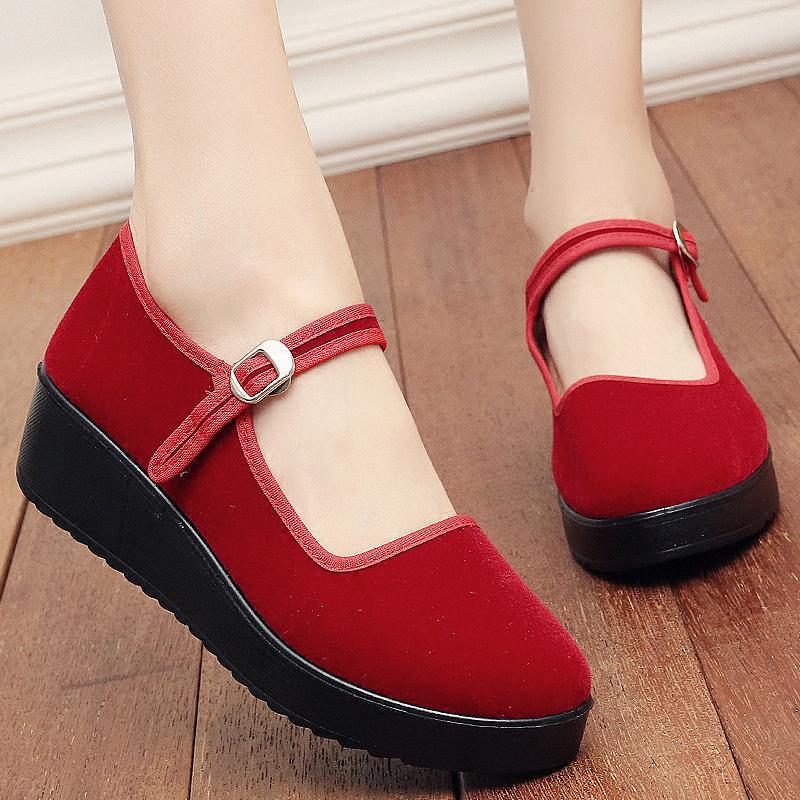 骆驼潮老北京布鞋女厚底坡跟黑色工作鞋职业酒店上班鞋一字扣带女鞋单