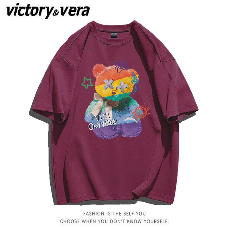 VICTORYVERA美式复古小熊短袖T恤女2022新款夏季宽松韩版百搭上衣