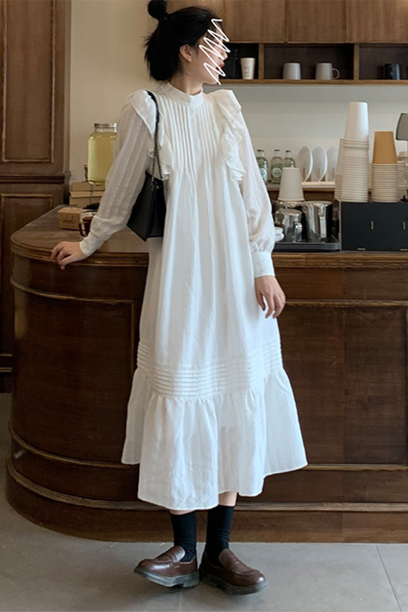 yibusheng木耳边长袖连衣裙女春2021新款法式复古赫本风高级感气质