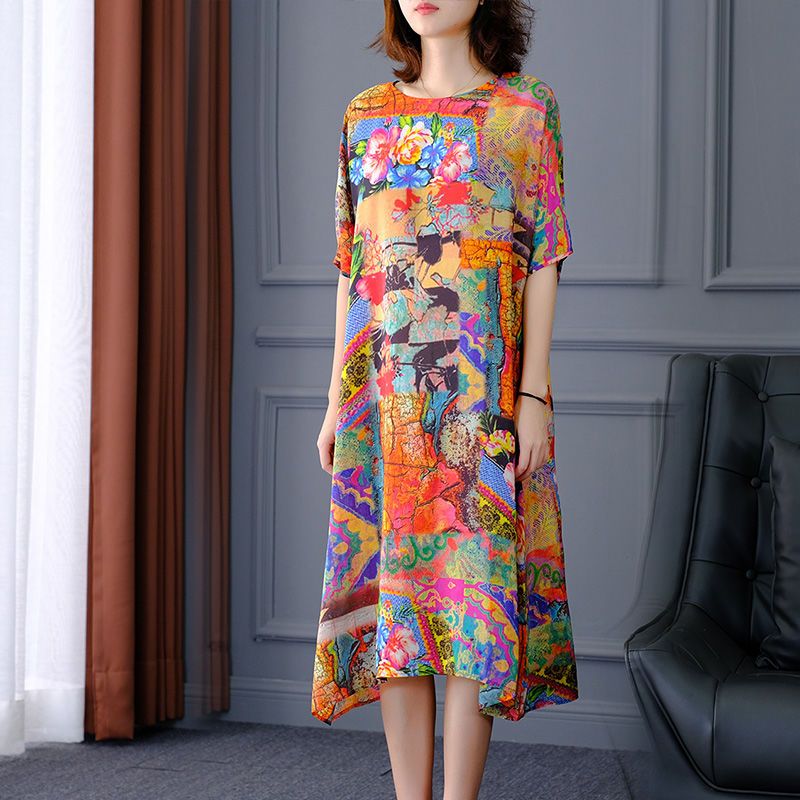 冰丝连衣裙2020春夏季新款民族风印花仿真丝女装大码宽松妈妈长裙