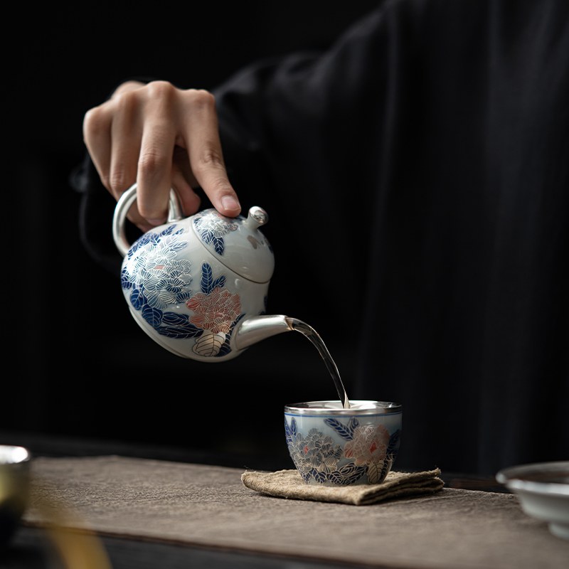 苏氏陶瓷(SUSHI CERAMICS)鎏银国礼牡丹壶茶具套装非遗传承人郑文强作品一壶两杯带壶承礼盒