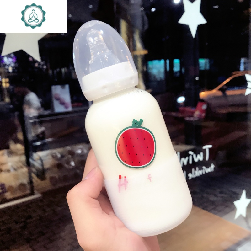 成人奶瓶玻璃杯少女创意可爱学生水杯ins风韩国网红卡通个性便携 封后 草莓300ml