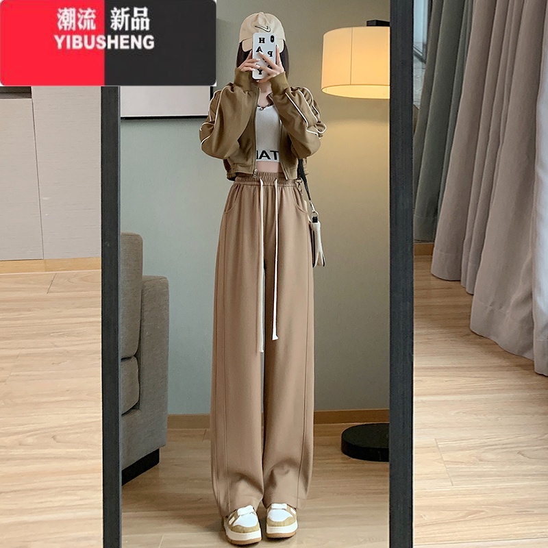 YIBUSHENG灰色运动裤女季薄款2024新款高腰垂感直筒香蕉裤休闲春秋阔腿裤高清大图