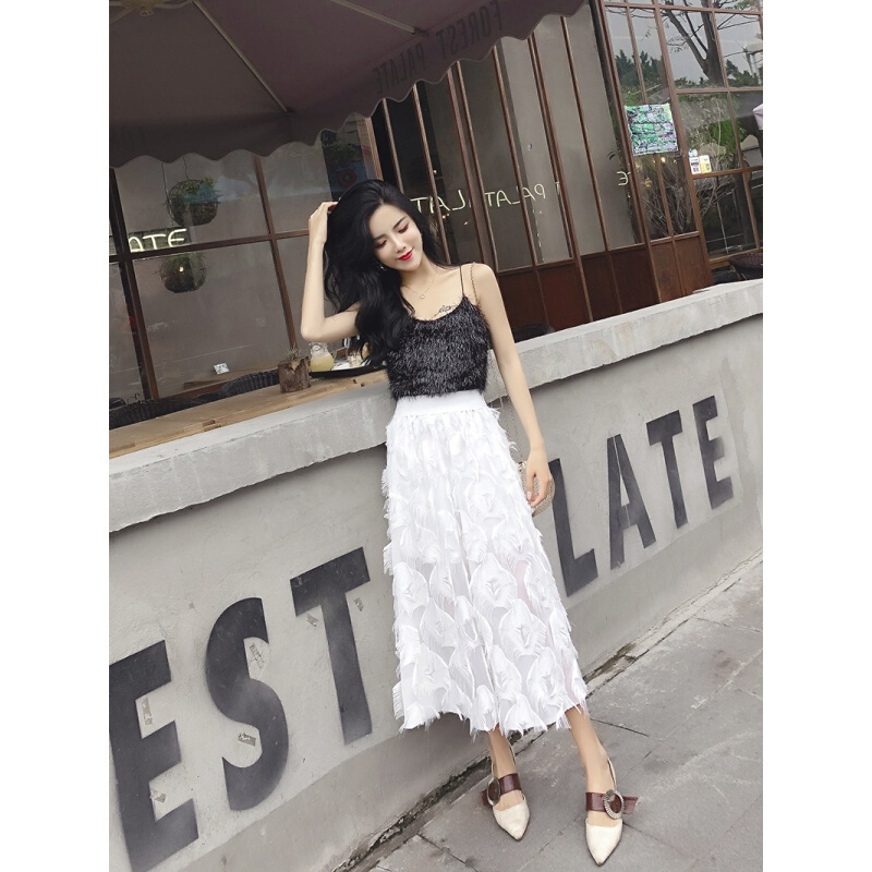 2018春夏韩版时尚百搭松紧腰流苏羽毛中长款伞裙白色仙女百褶裙子黑色均码