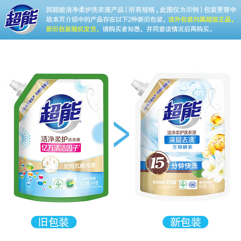 超能 洁净柔护洗衣液 橙花茉莉香 16斤整箱(1kg*8袋) 15分钟快洗高清大图