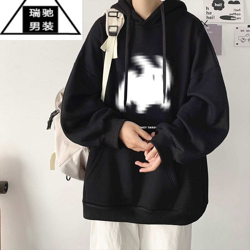 希杰狮王卡通印花连帽卫衣男春秋季像素小猫休闲上衣美式宽松百搭潮流外套