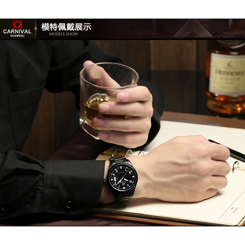 瑞士嘉年华CARNIVAL手表新款飞行员系列夜光男士全自动机械表 男表防水精钢黑色腕表正装时尚金属精钢表8592B高清大图